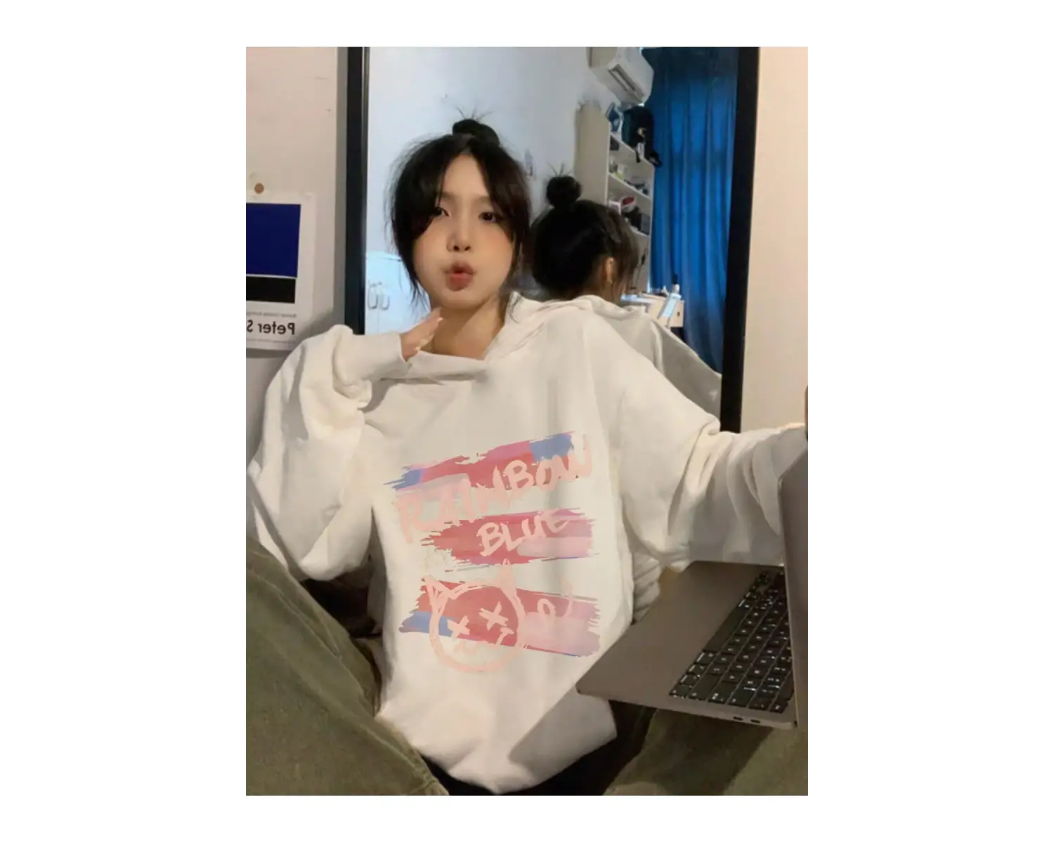 Letter Graphic Drop Shoulder Oversized Hoodie Beyaz