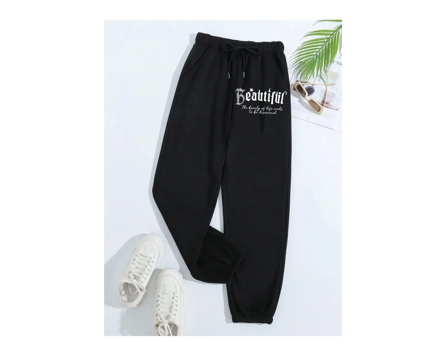 Letter Graphic Elastic Waist 4 Mevsim Eşofman