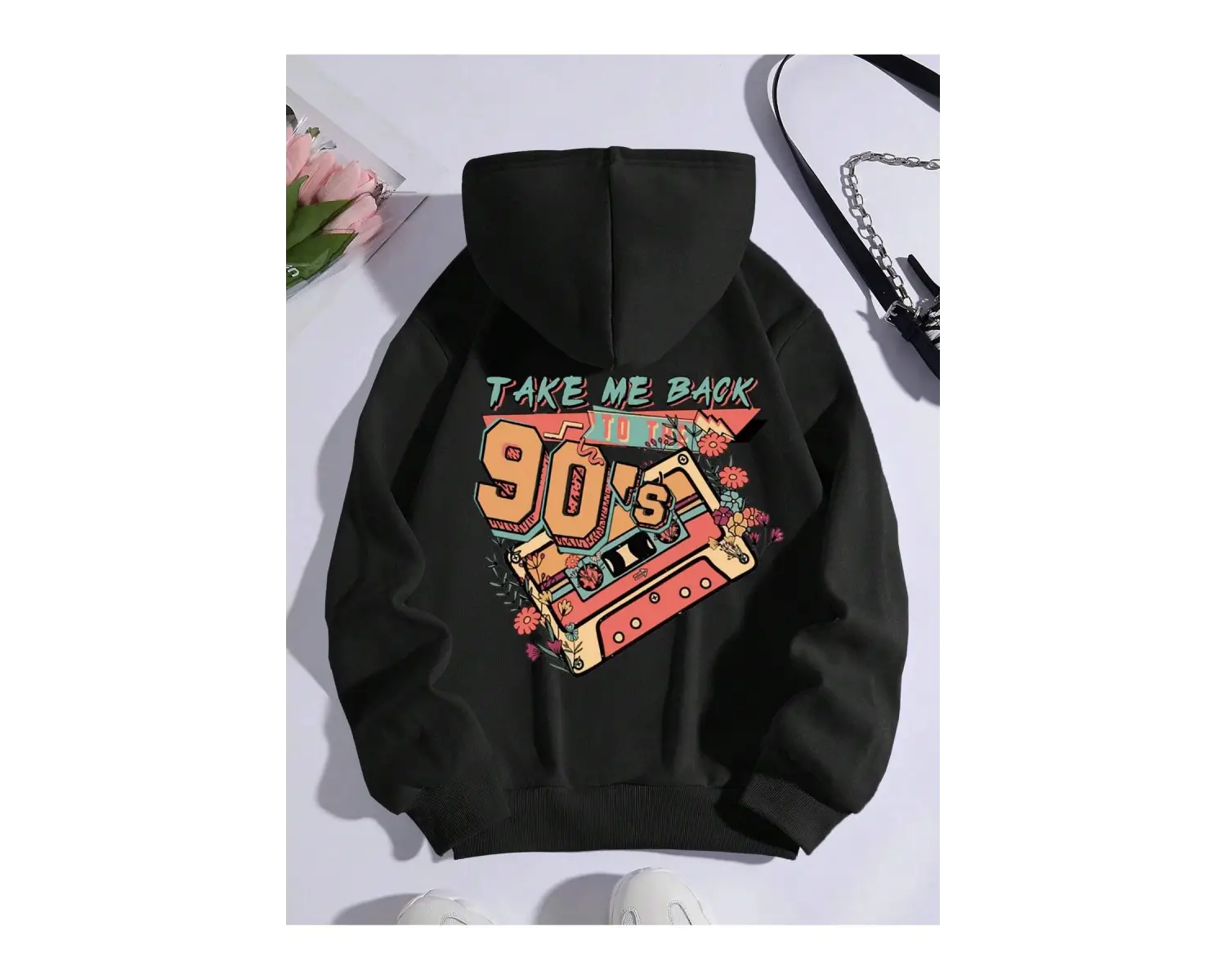 Letter Graphic Kangaroo Pocket Drawstring Lined Hoodie Siyah