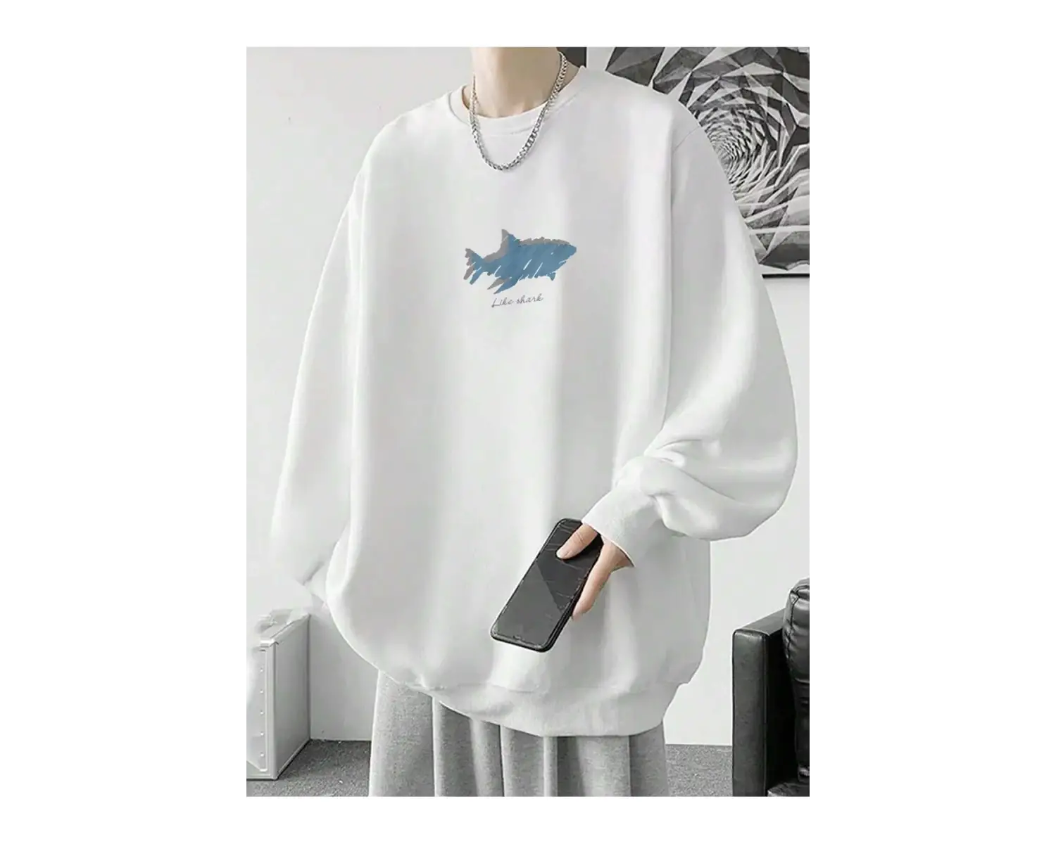 Letter & Shark Print Drop Shoulder Pullover Beyaz