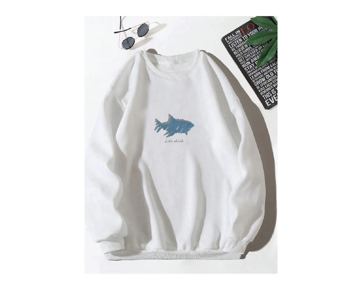Letter & Shark Print Drop Shoulder Pullover Beyaz