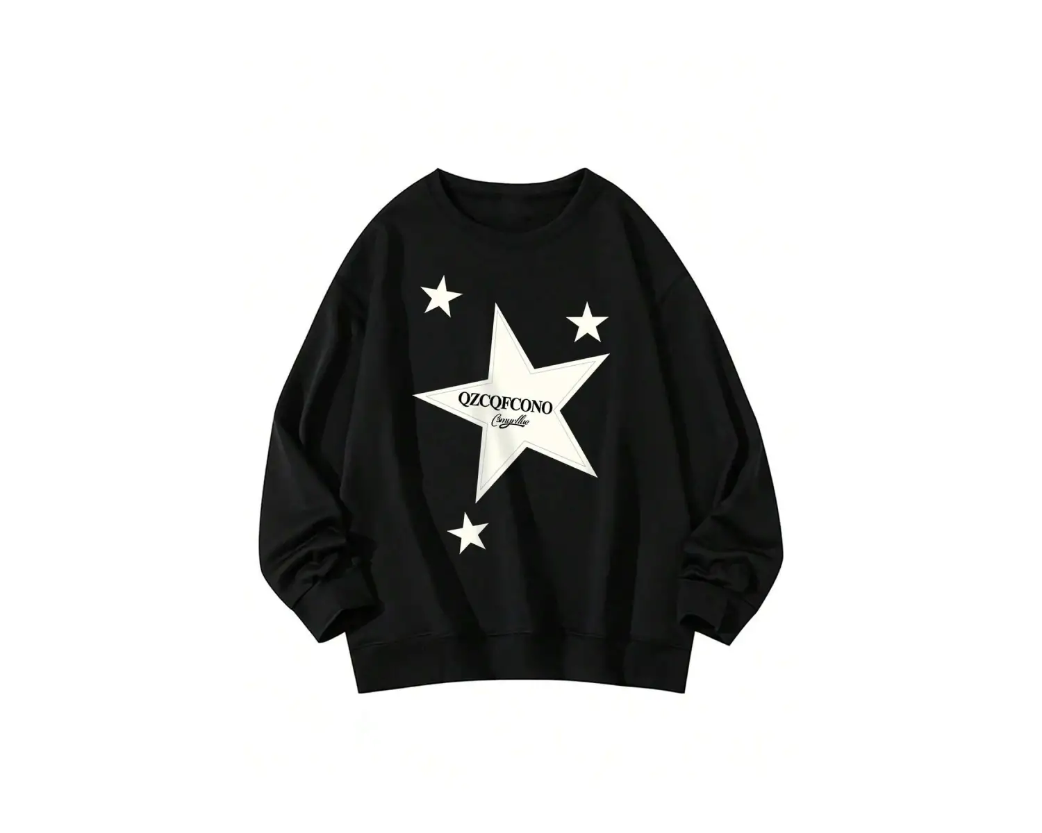 Letter & Star Pattern Drop Shoulder Pullover Siyah