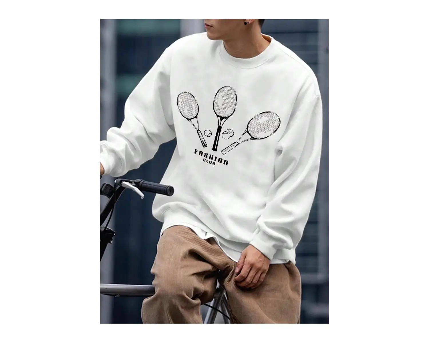 Letter & Tennis Racket Print Drop Shoulder Sweatshirt Beyaz