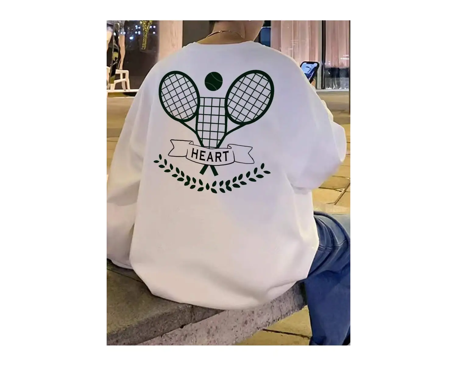 Letter & Tennis Racket Print Drop Shoulder Sweatshirt Beyaz