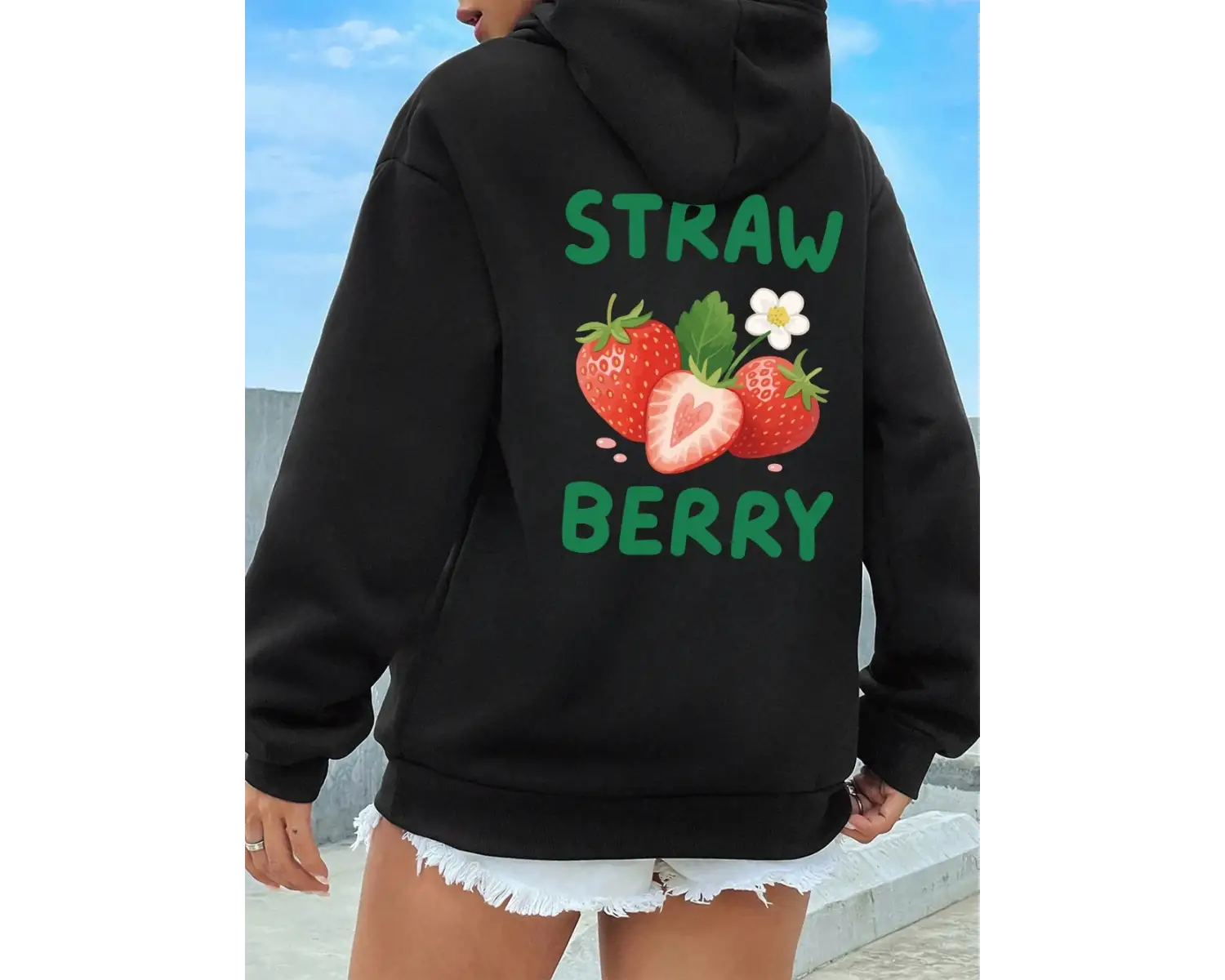 Lezzetli Çilek Baskılar Hoodies Kadın Rahat Gevşek Kazak Temelleri Sportif Kazak Kış Polar Sı