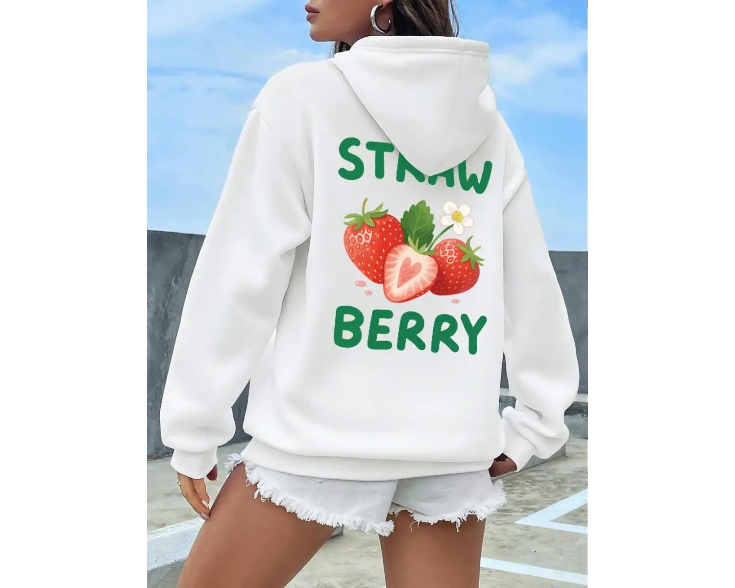 Lezzetli Çilek Baskılar Hoodies Kadın Rahat Gevşek Kazak Temelleri Sportif Kazak Kış Polar Sı