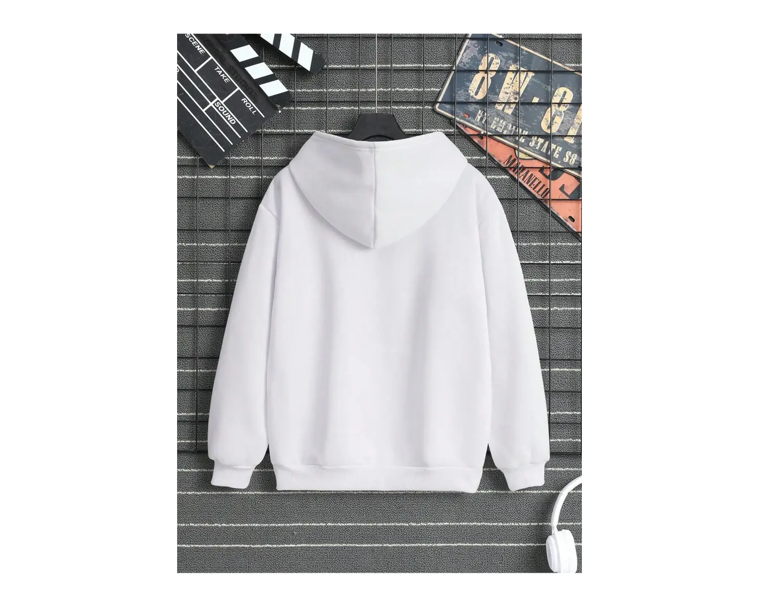 Lip Print Kangaroo Pocket Drawstring Hoodie Beyaz