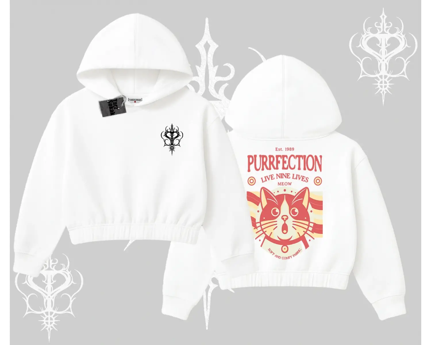 Live Nine Lives Kedi Tasarımlı Kapşonlu Crop Sweatshirt