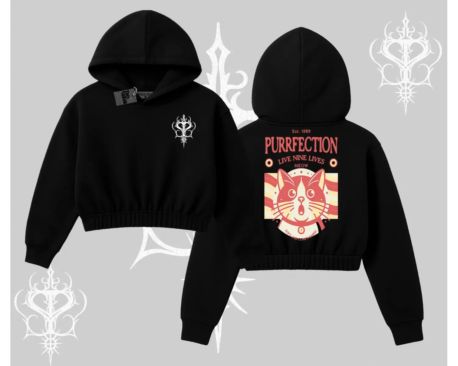 Live Nine Lives Kedi Tasarımlı Kapşonlu Crop Sweatshirt