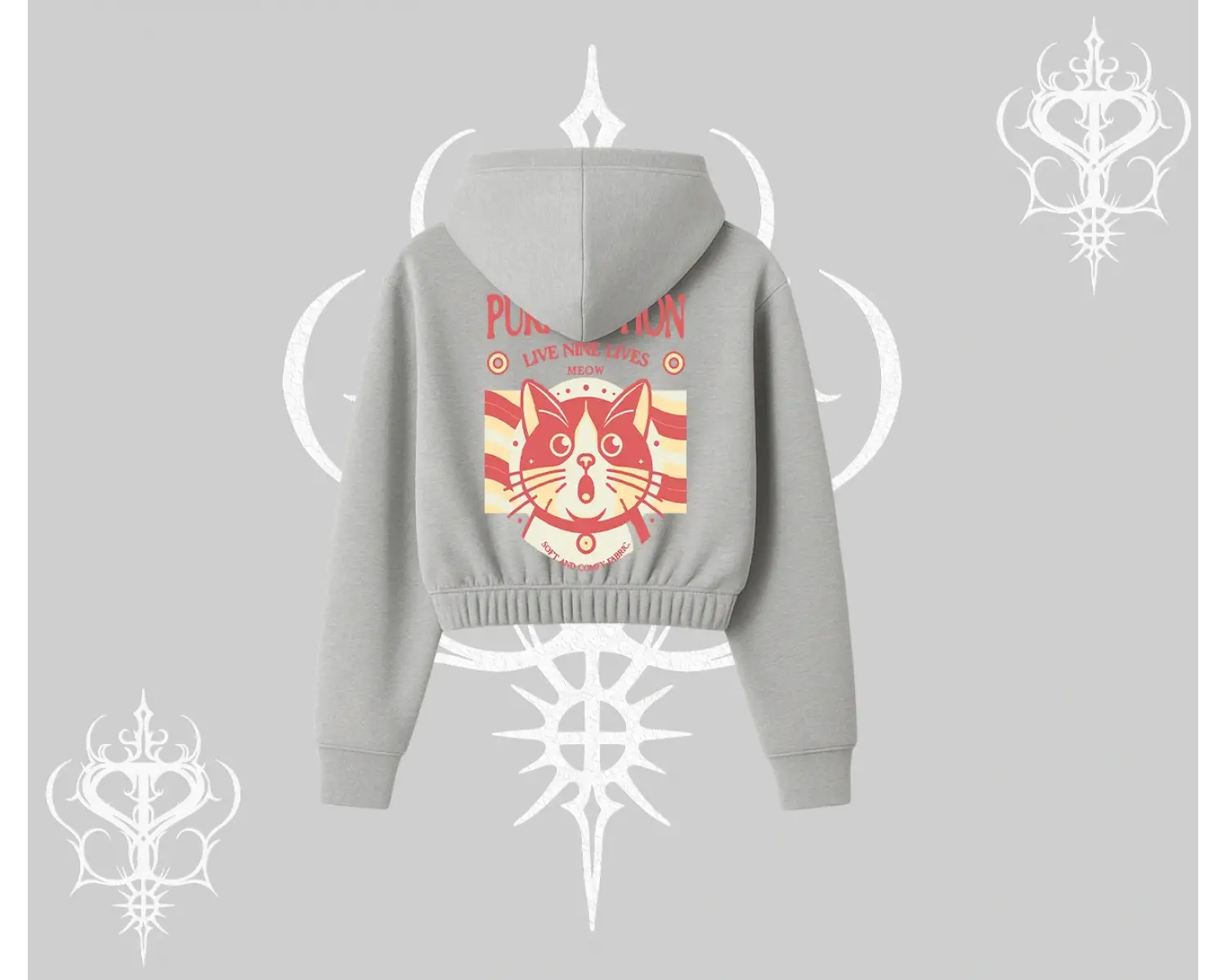 Live Nine Lives Kedi Tasarımlı Kapşonlu Crop Sweatshirt