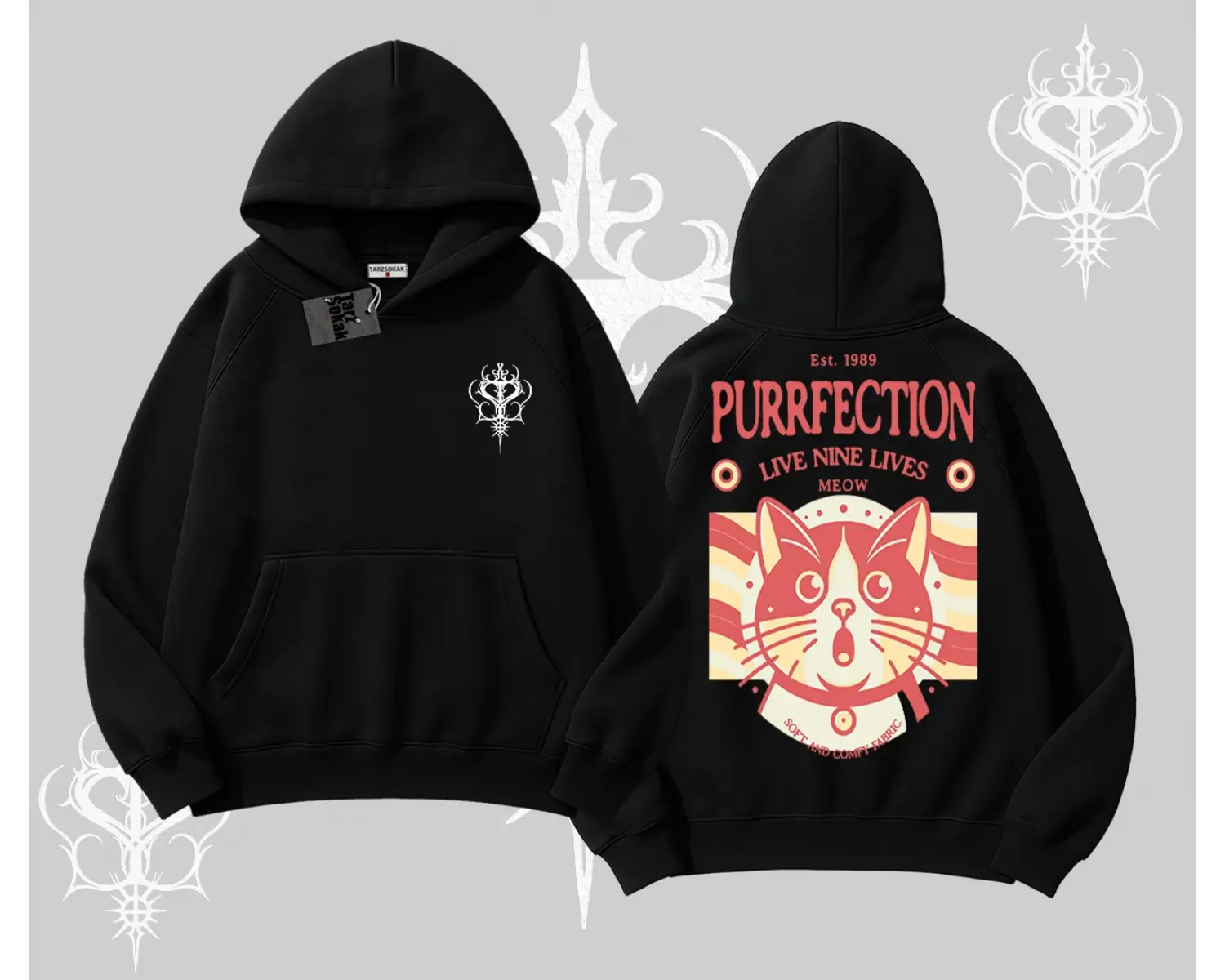 Live Nine Lives Kedi Tasarımlı Kapşonlu Sweatshirt