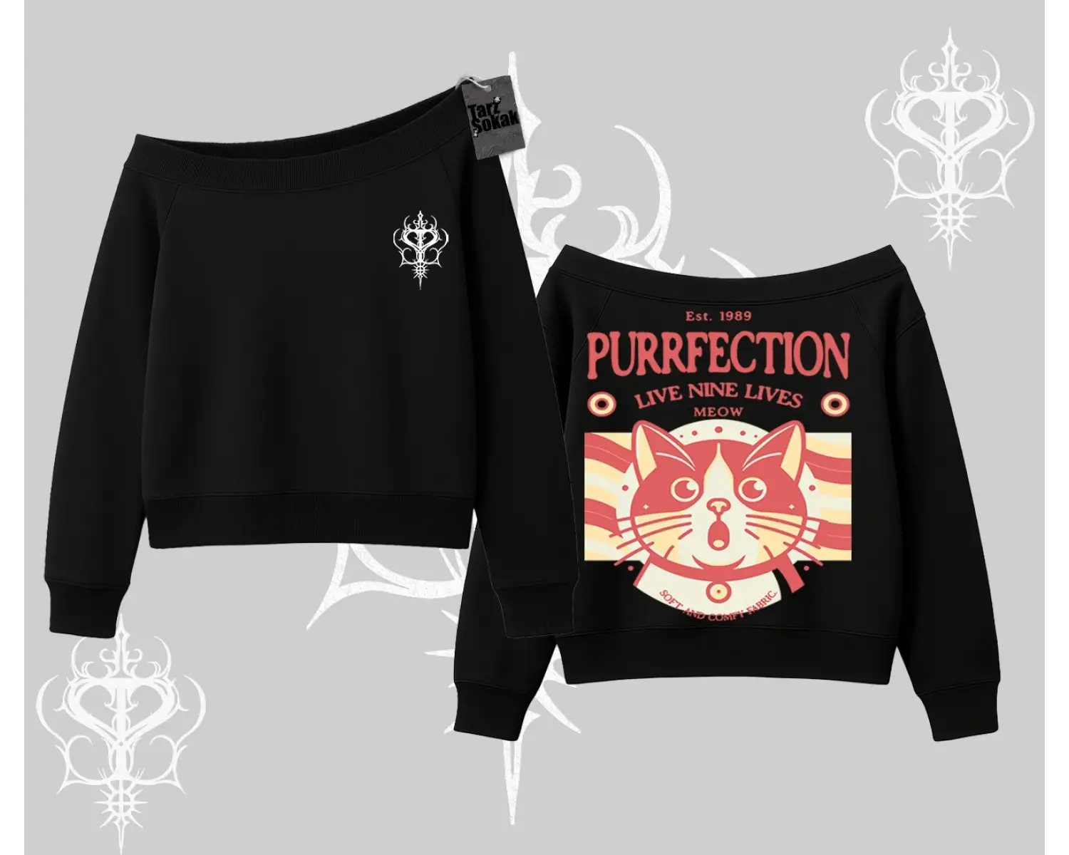 Live Nine Lives Kedi Tasarımlı Kayık Yaka Sweatshirt