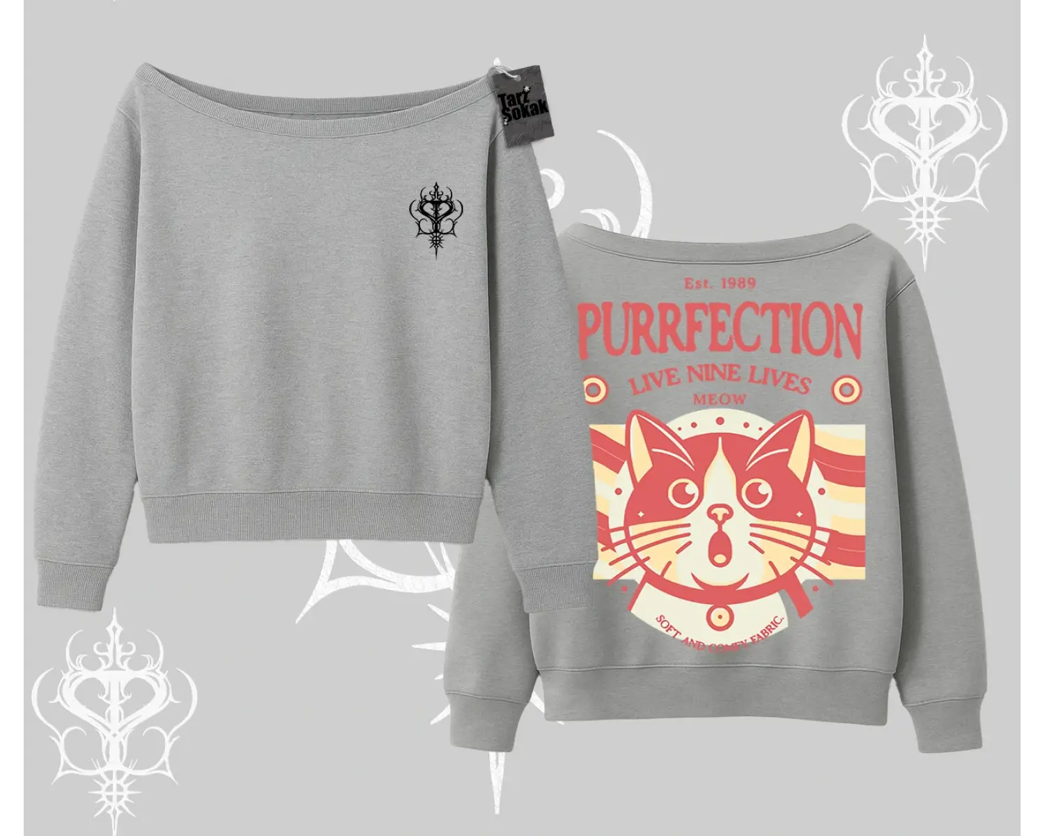 Live Nine Lives Kedi Tasarımlı Kayık Yaka Sweatshirt