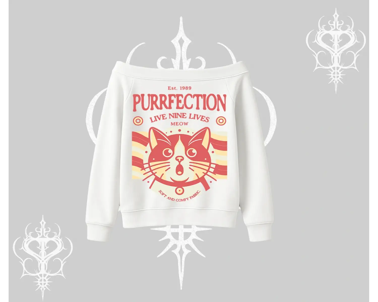 Live Nine Lives Kedi Tasarımlı Kayık Yaka Sweatshirt