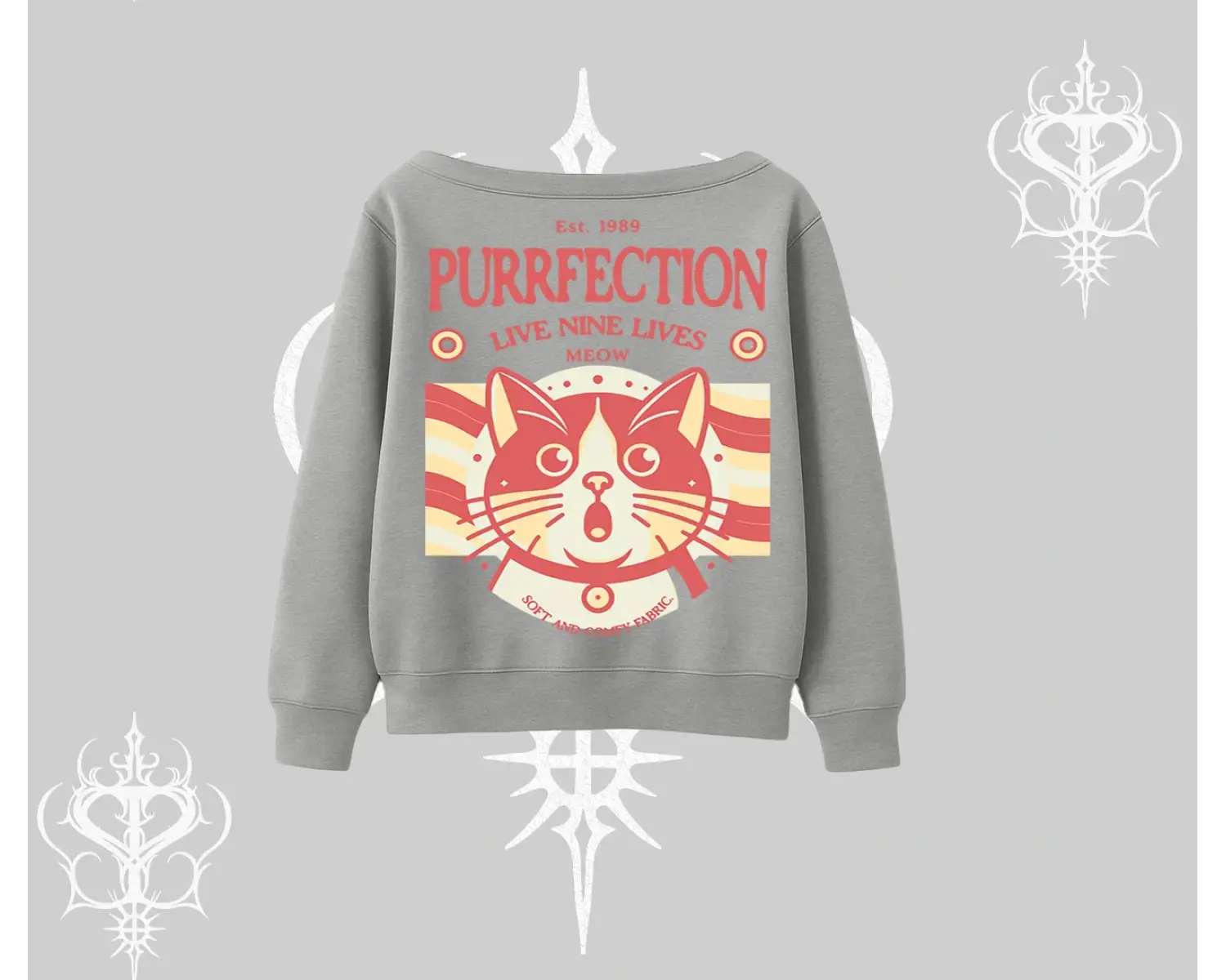 Live Nine Lives Kedi Tasarımlı Kayık Yaka Sweatshirt
