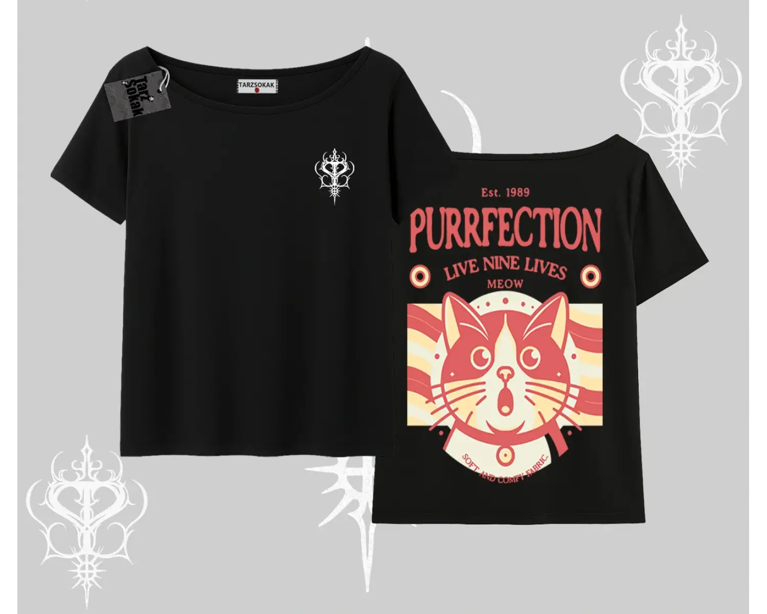 Live Nine Lives Kedi Tasarımlı Kayık Yaka Tshirt