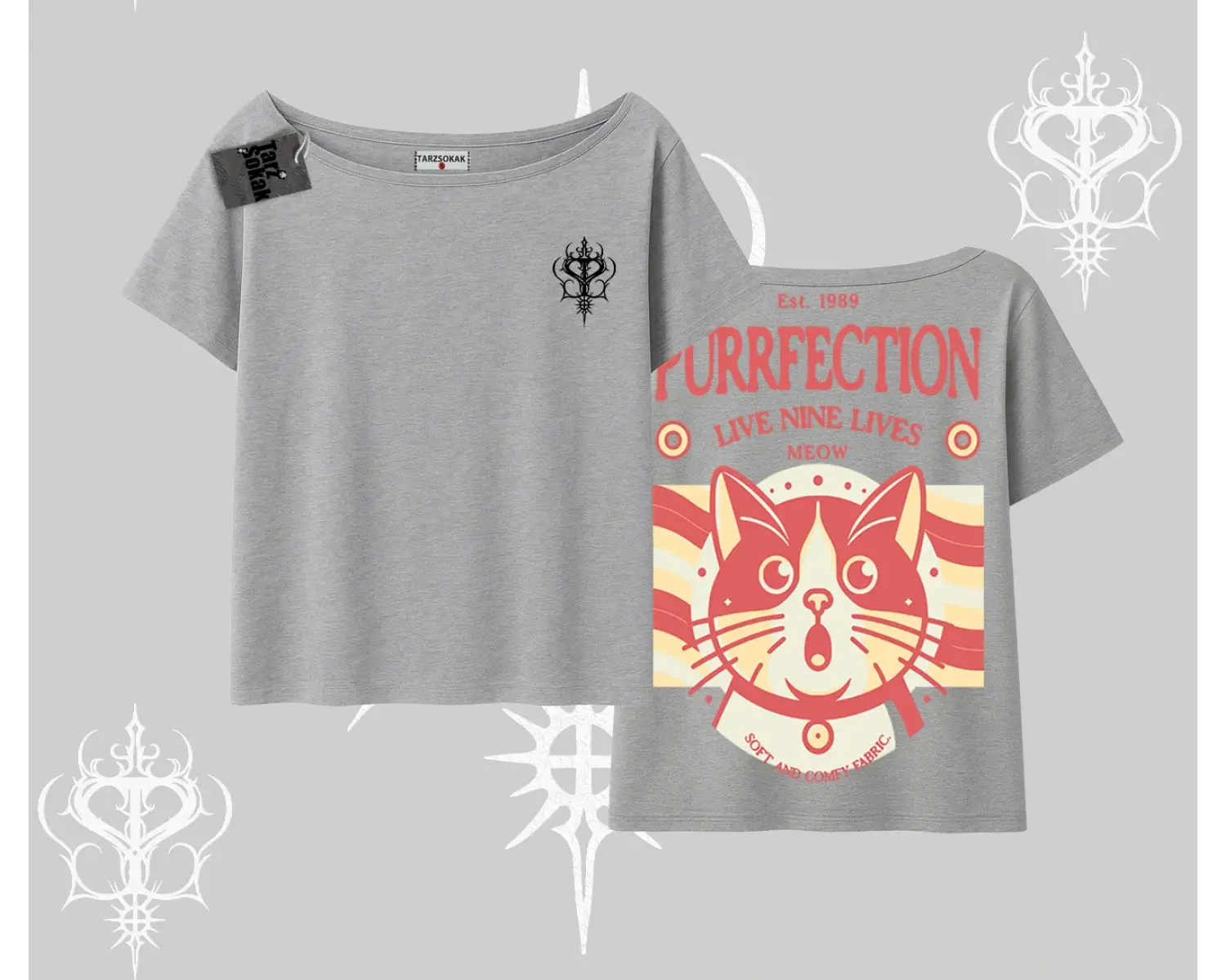 Live Nine Lives Kedi Tasarımlı Kayık Yaka Tshirt