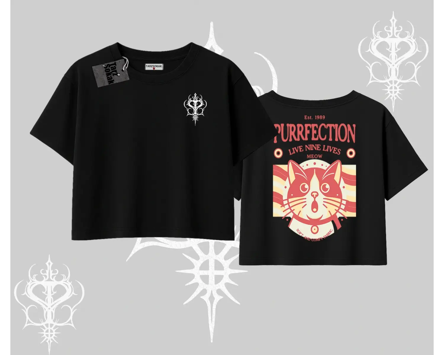 Live Nine Lives Kedi Tasarımlı Oversize Crop Tshirt