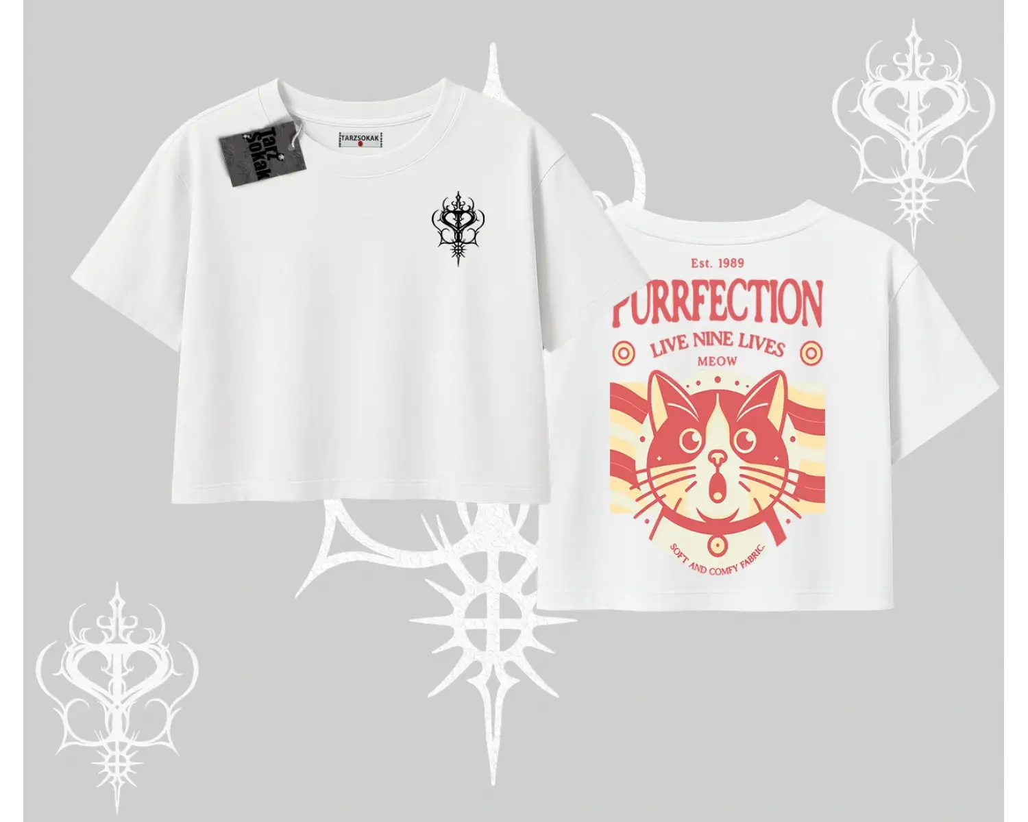 Live Nine Lives Kedi Tasarımlı Oversize Crop Tshirt