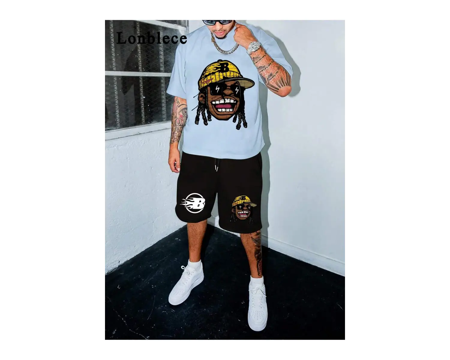 Lonblece 2li Erkek Karikatür Baskılı Kısa Kollu Tişört Şort Takımı