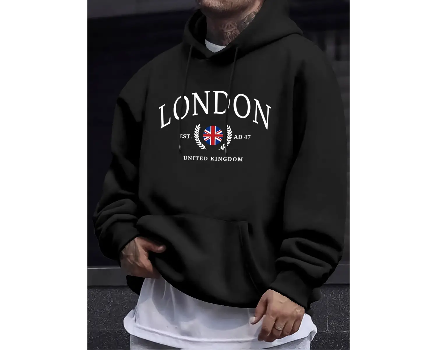 Londra Birleşik Krallık Bayrağı Baskı O Yaka Kapüşonlu Üst Erkek Büyük Boy Sokak Kazakları Ye