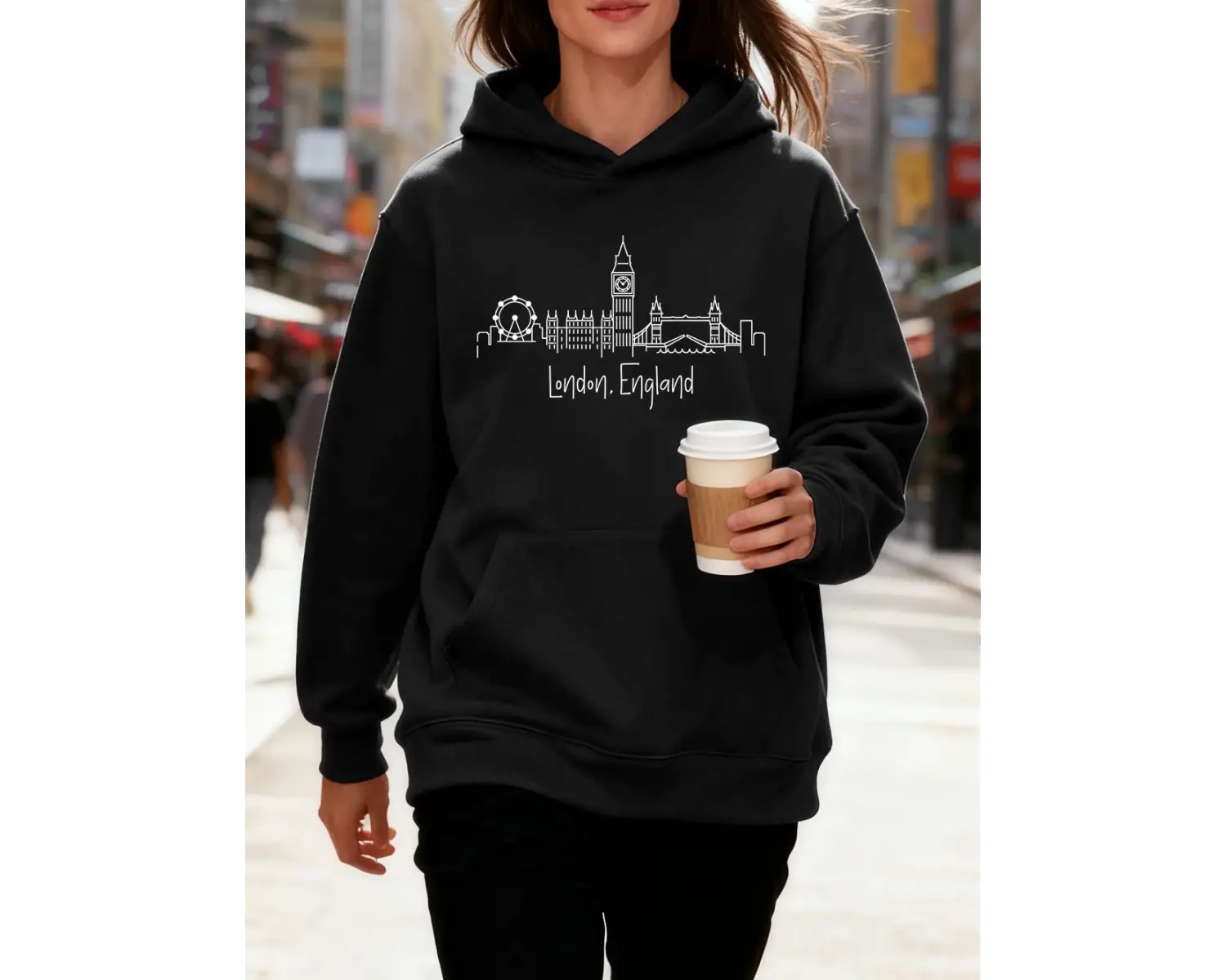 Londra İngiltere Mektup Baskılar Pamuk Kapüşonlular Kadın Koşu Cep Kazak Sportif Gevşek Kazak