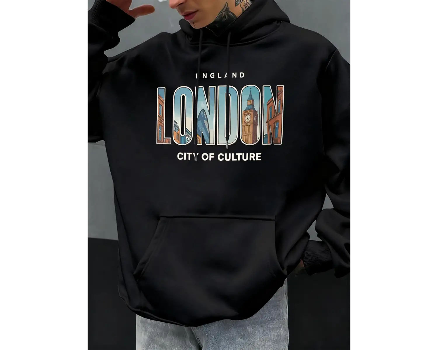 Londra Şehir Baskıları Sonbahar Erkekler Hoody Cep Kapüşonlu Üst Hip Hop Moda Giyim Kişilik R