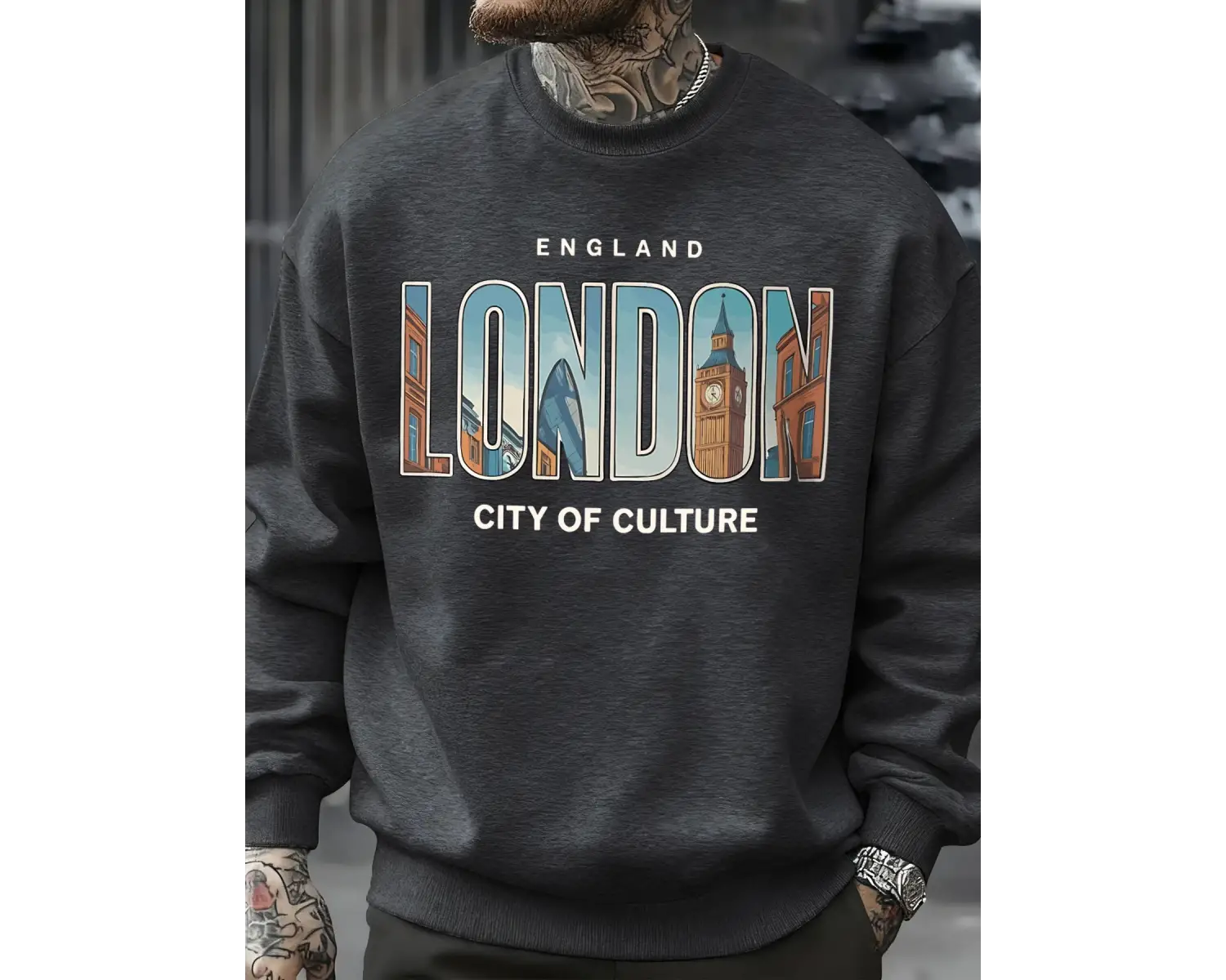 Londra Şehir Desenli Kazak Erkek Sokak Bisiklet Yaka Kazak Polar Tüm Maç Spor Giyim Hipster S