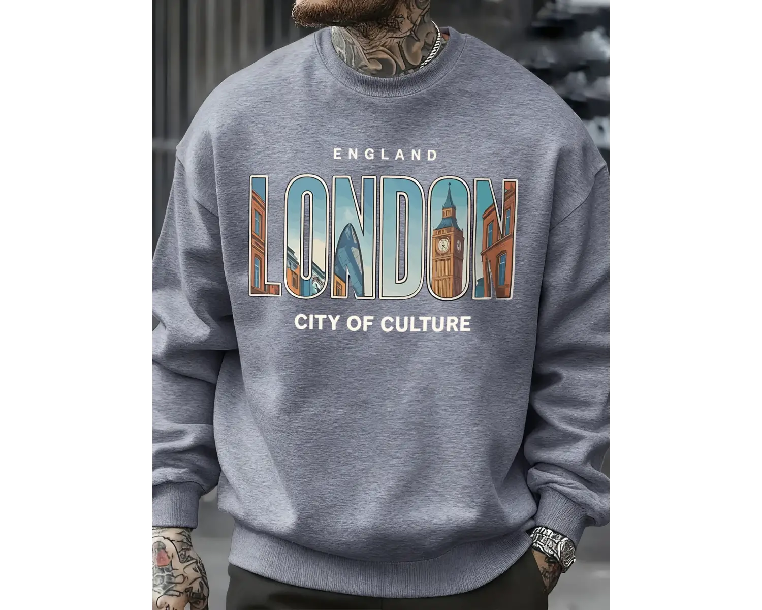 Londra Şehir Desenli Kazak Erkek Sokak Bisiklet Yaka Kazak Polar Tüm Maç Spor Giyim Hipster S