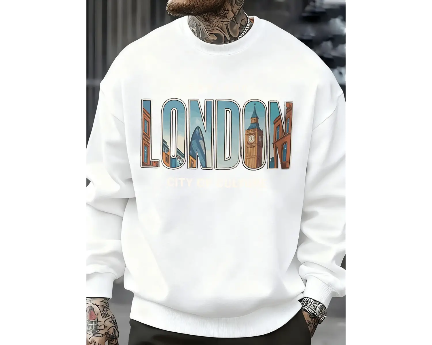 Londra Şehir Desenli Kazak Erkek Sokak Bisiklet Yaka Kazak Polar Tüm Maç Spor Giyim Hipster S