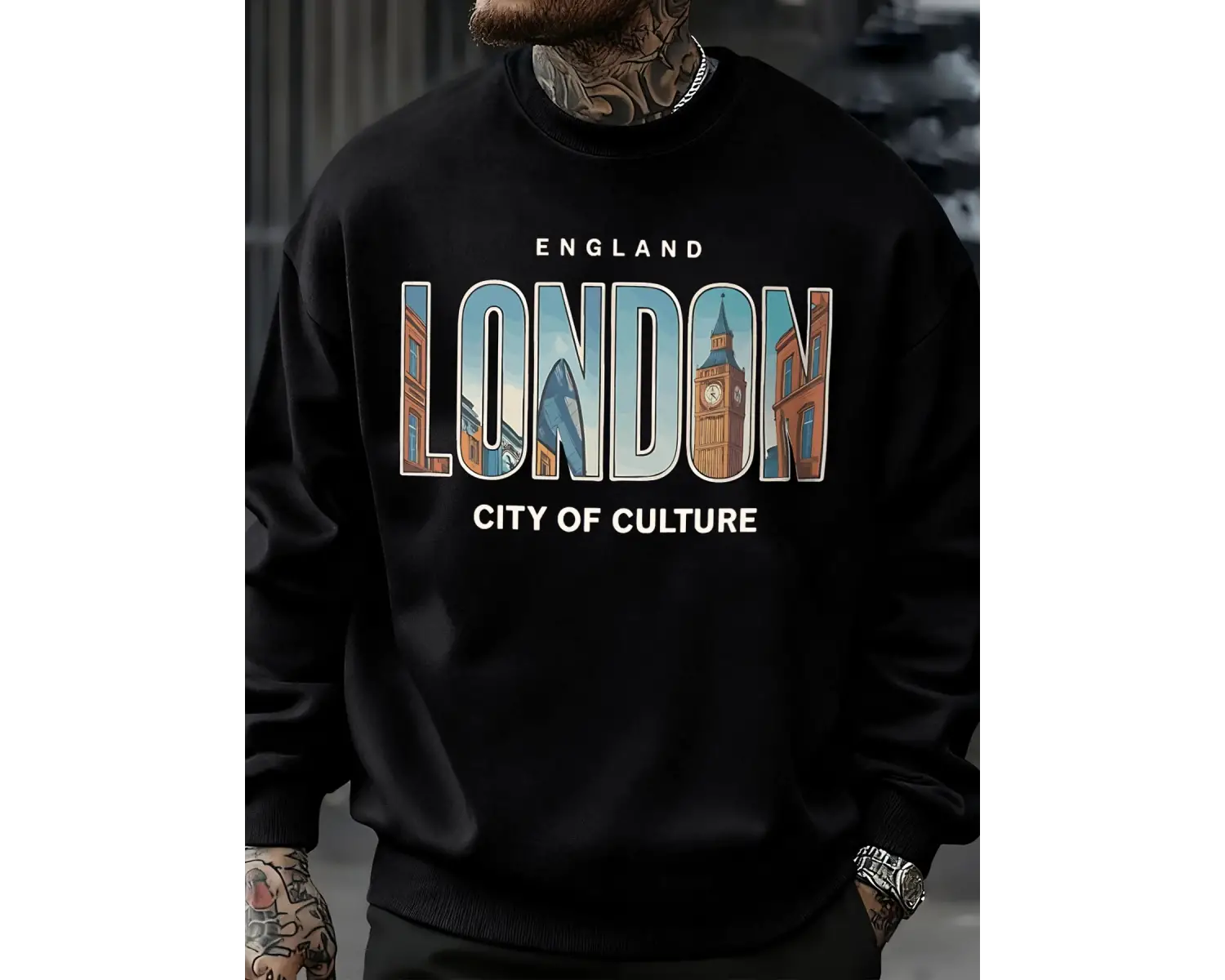 Londra Şehir Desenli Kazak Erkek Sokak Bisiklet Yaka Kazak Polar Tüm Maç Spor Giyim Hipster S