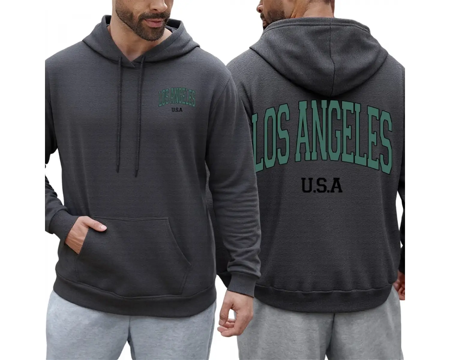 Los Angeles ABD Mektup Baskılı Erkek Kapüşonlu Üstleri Büyük Beden Rahat Kapüşonlu Cepli Pola