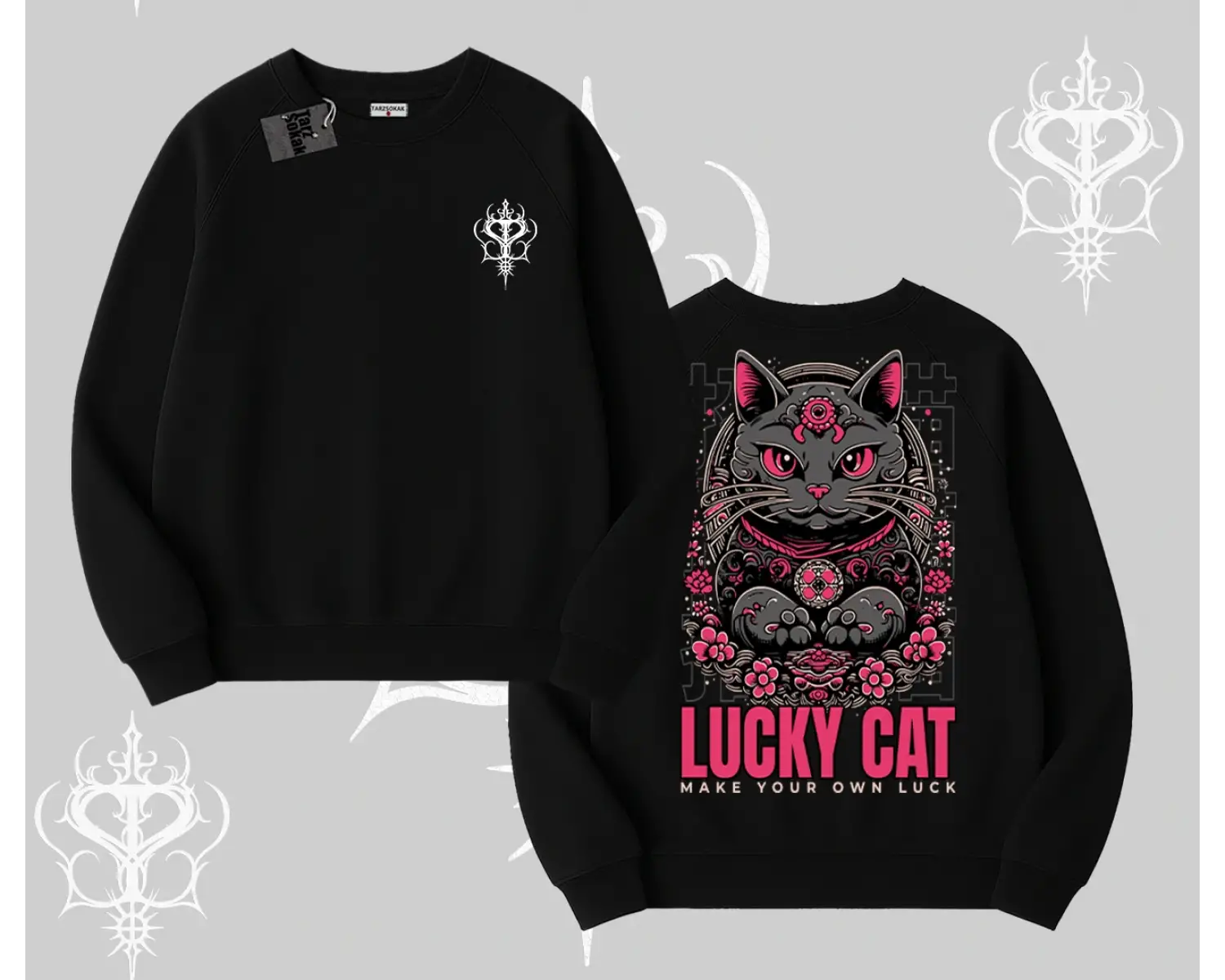 Lucky Cat Japon Tarzı Kedi Baskılı Biskilet Sweatshirt