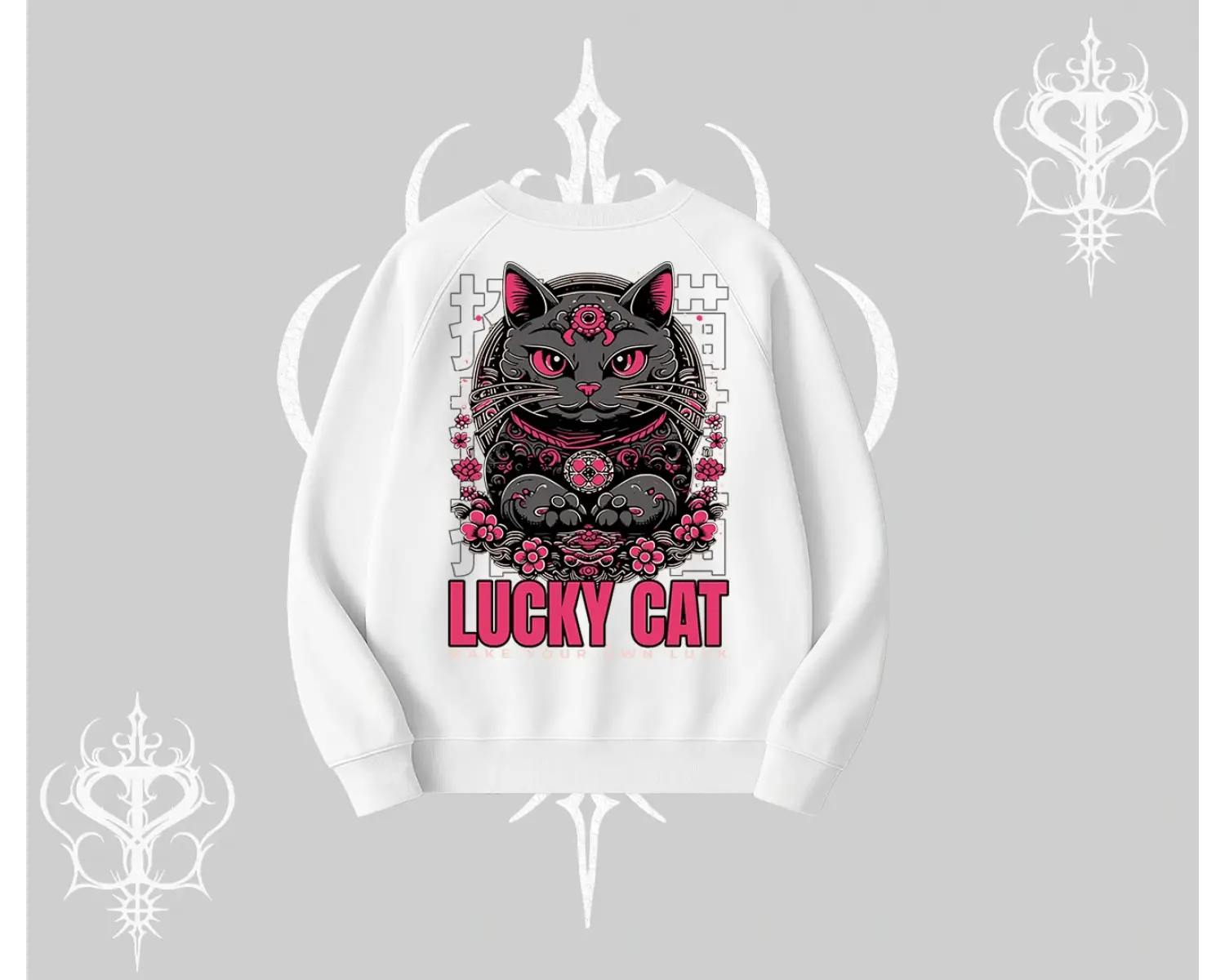 Lucky Cat Japon Tarzı Kedi Baskılı Biskilet Sweatshirt