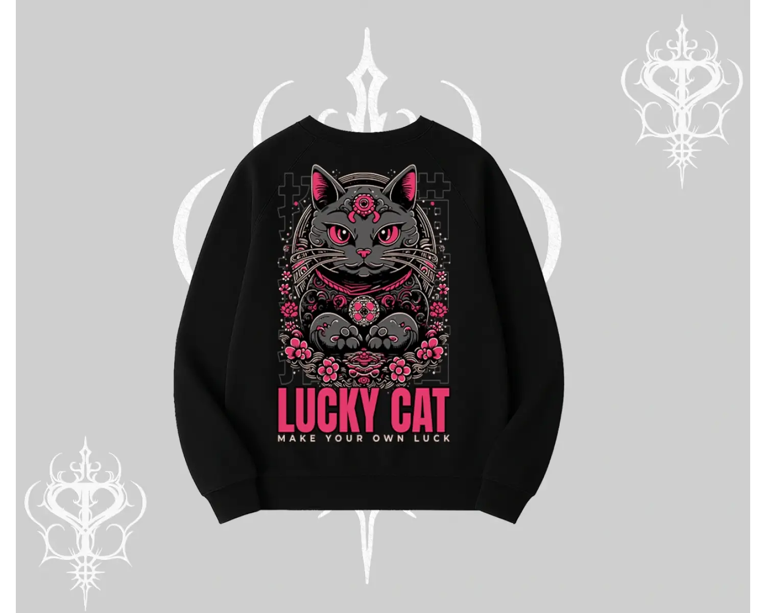 Lucky Cat Japon Tarzı Kedi Baskılı Biskilet Sweatshirt