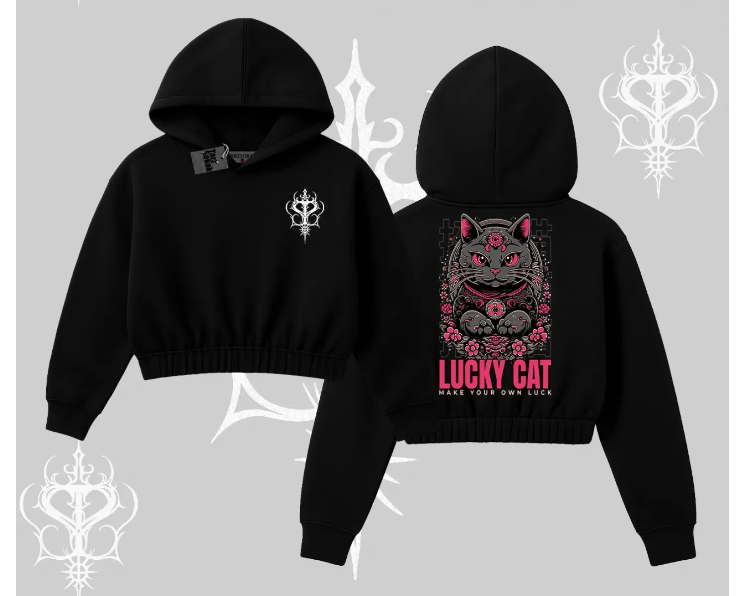 Lucky Cat Japon Tarzı Kedi Baskılı Kapşonlu Crop Sweatshirt