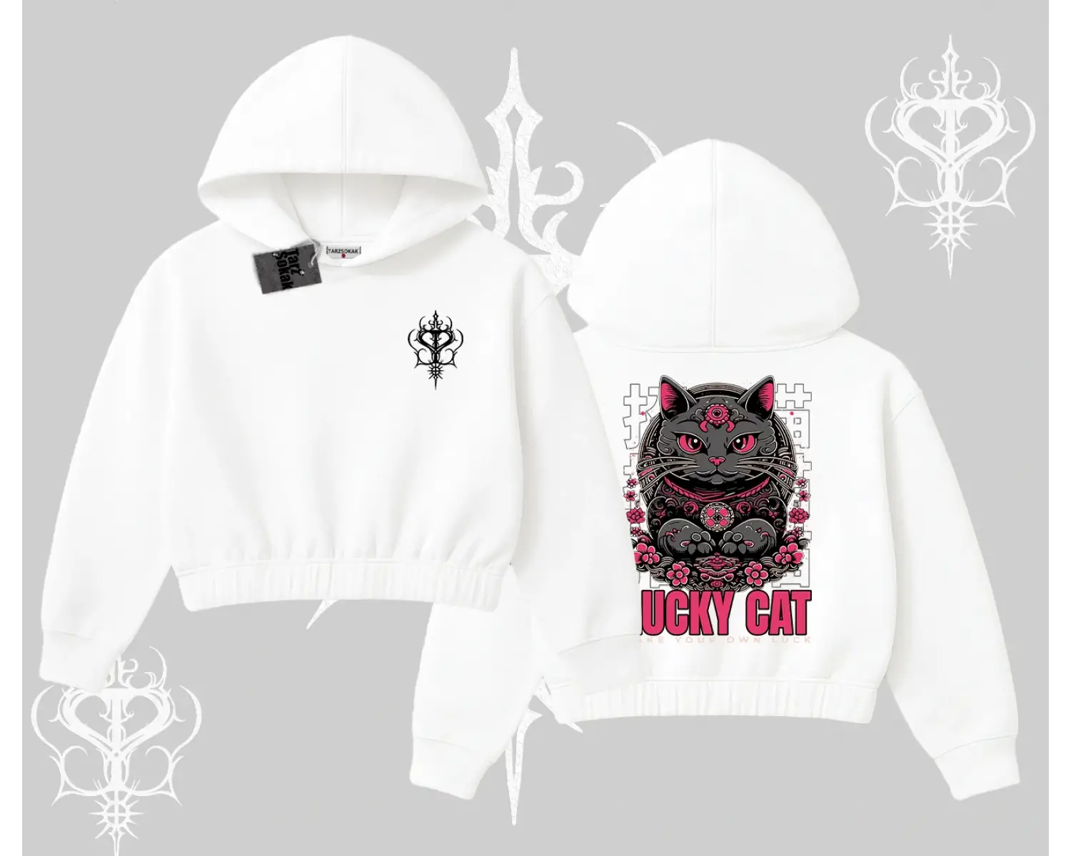 Lucky Cat Japon Tarzı Kedi Baskılı Kapşonlu Crop Sweatshirt