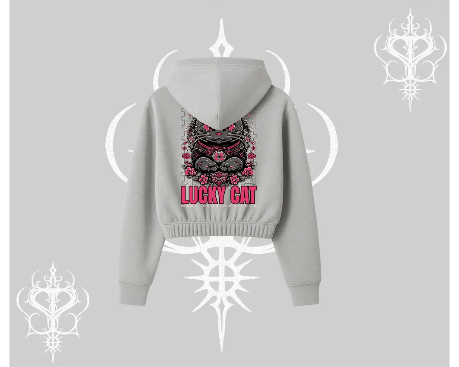 Lucky Cat Japon Tarzı Kedi Baskılı Kapşonlu Crop Sweatshirt
