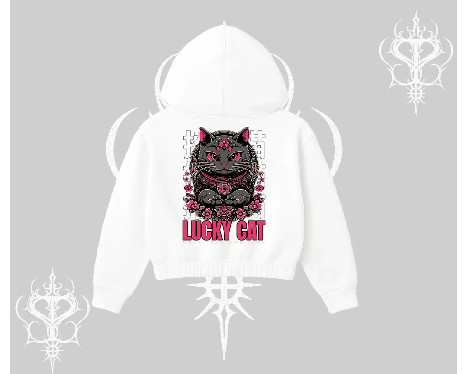 Lucky Cat Japon Tarzı Kedi Baskılı Kapşonlu Crop Sweatshirt