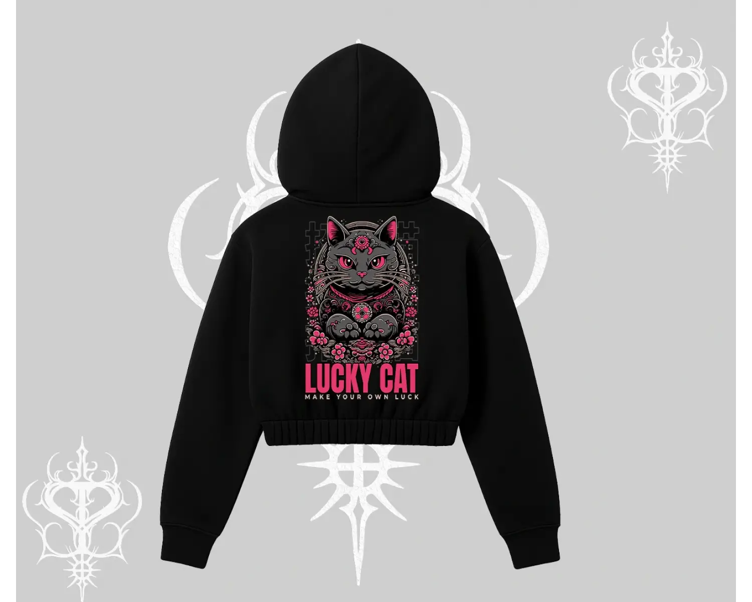 Lucky Cat Japon Tarzı Kedi Baskılı Kapşonlu Crop Sweatshirt