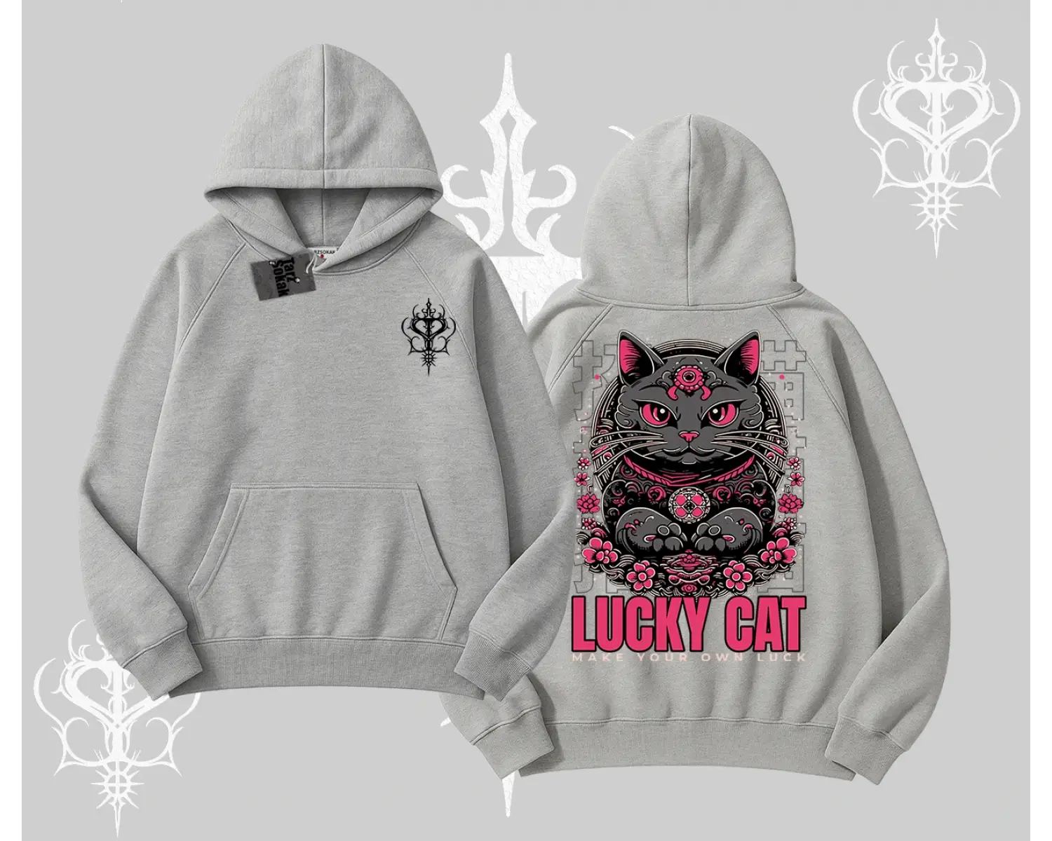 Lucky Cat Japon Tarzı Kedi Baskılı Kapşonlu Sweatshirt