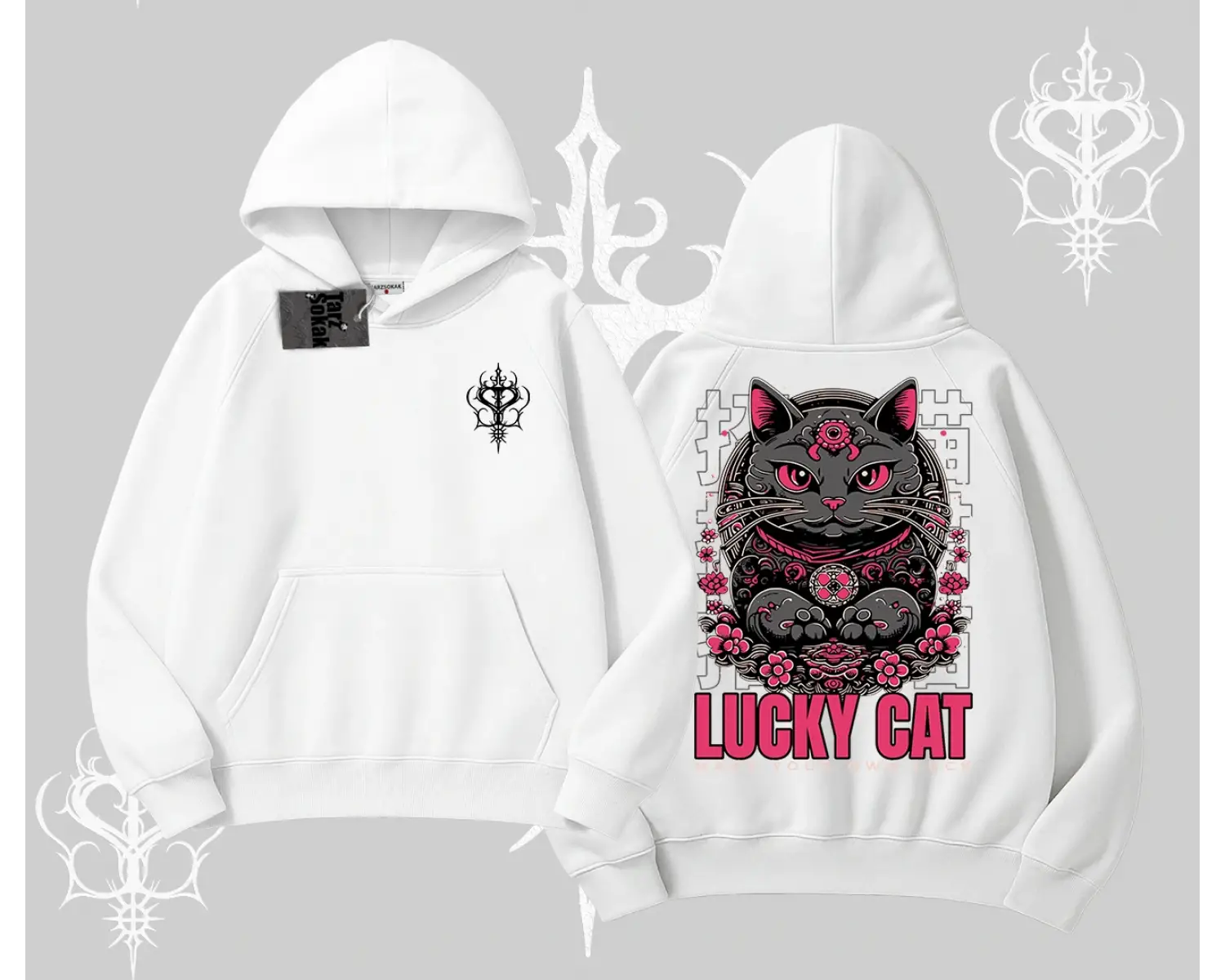Lucky Cat Japon Tarzı Kedi Baskılı Kapşonlu Sweatshirt