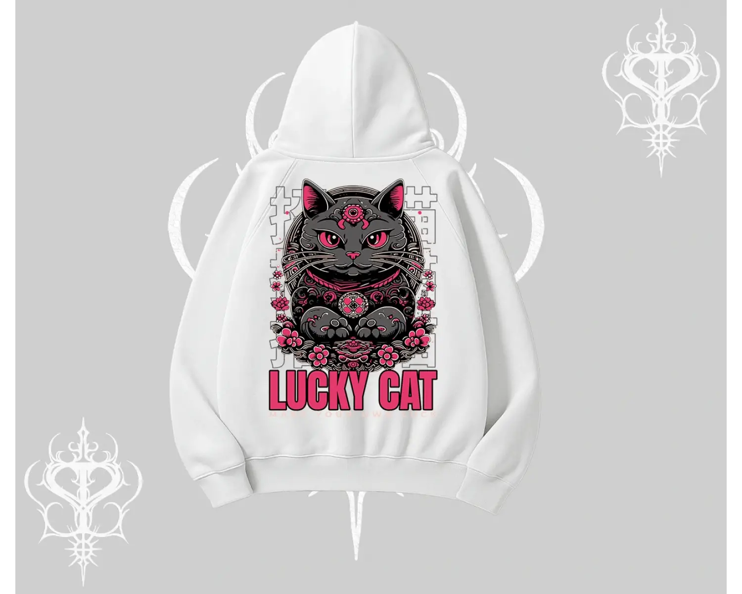 Lucky Cat Japon Tarzı Kedi Baskılı Kapşonlu Sweatshirt