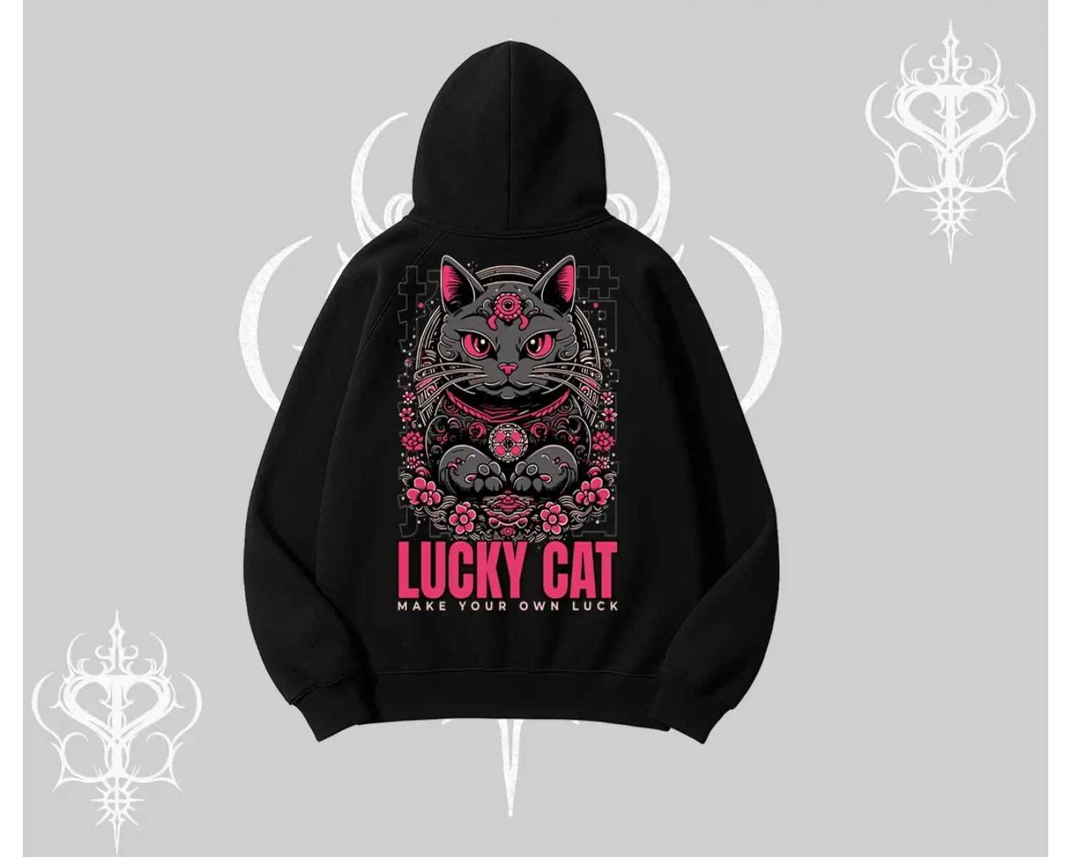 Lucky Cat Japon Tarzı Kedi Baskılı Kapşonlu Sweatshirt
