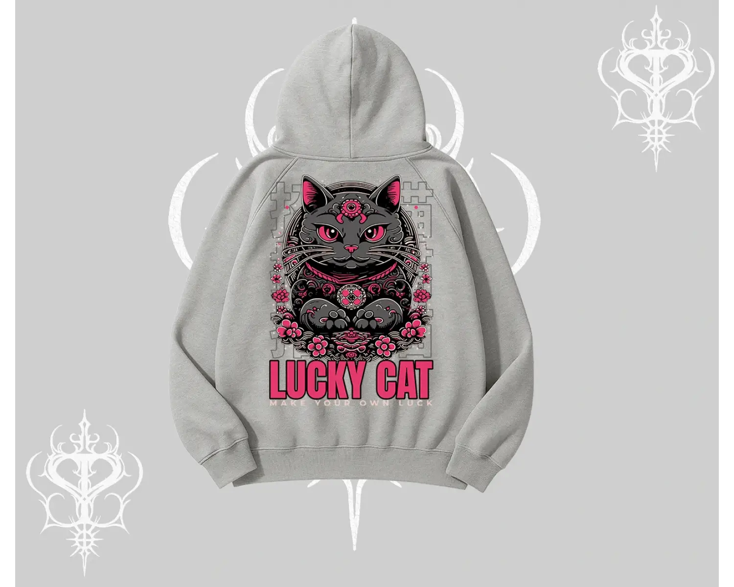 Lucky Cat Japon Tarzı Kedi Baskılı Kapşonlu Sweatshirt