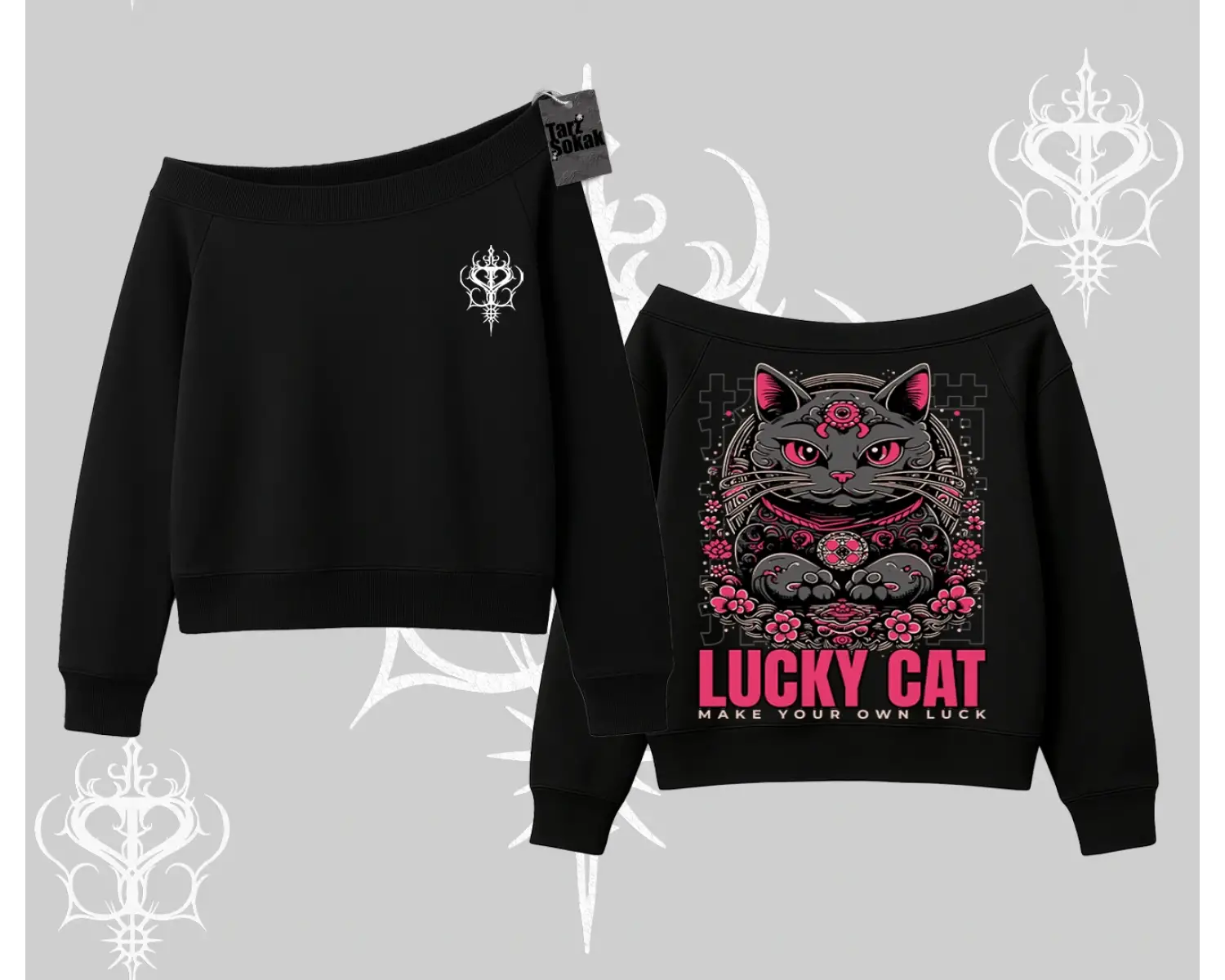Lucky Cat Japon Tarzı Kedi Baskılı Kayık Yaka Sweatshirt