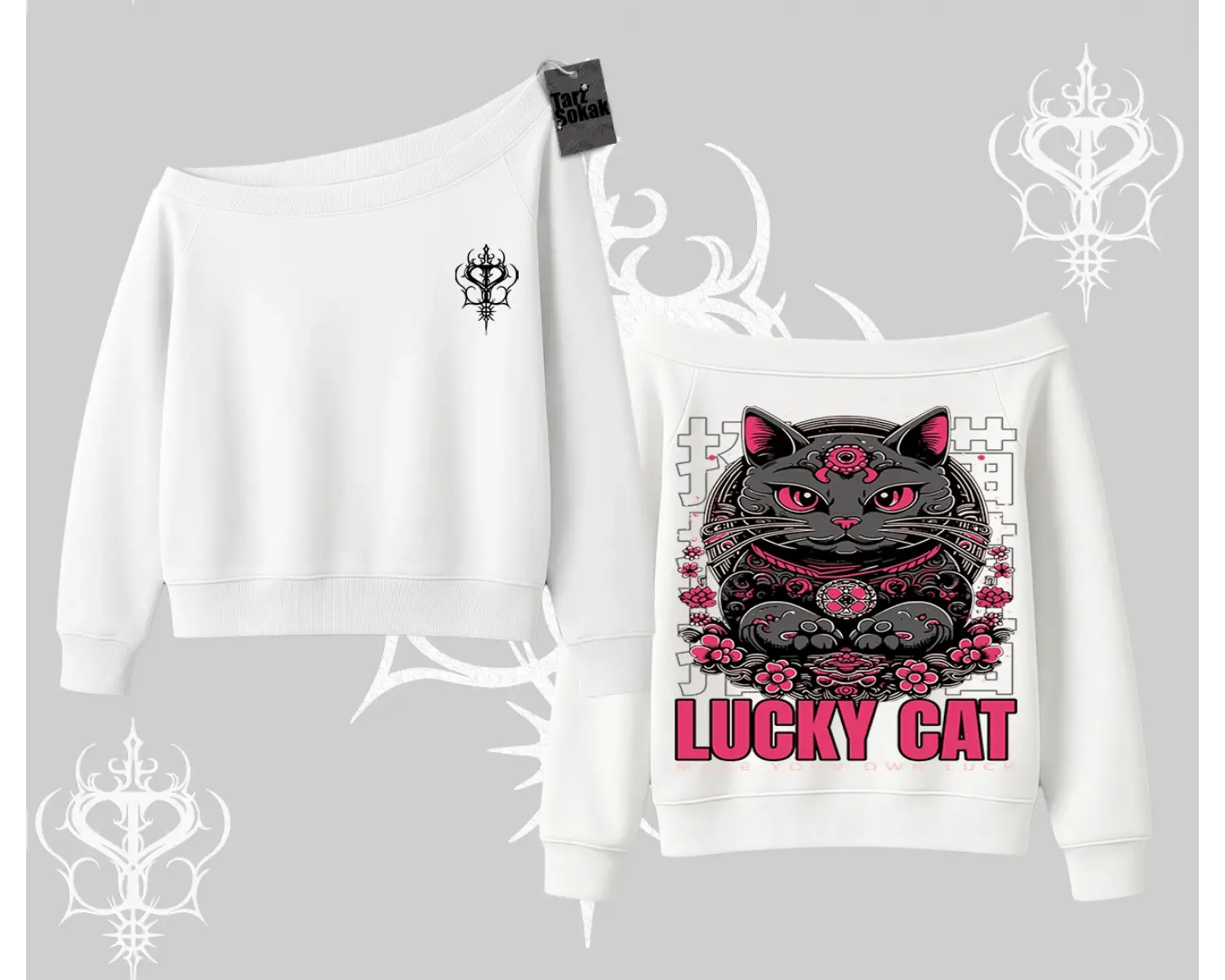 Lucky Cat Japon Tarzı Kedi Baskılı Kayık Yaka Sweatshirt