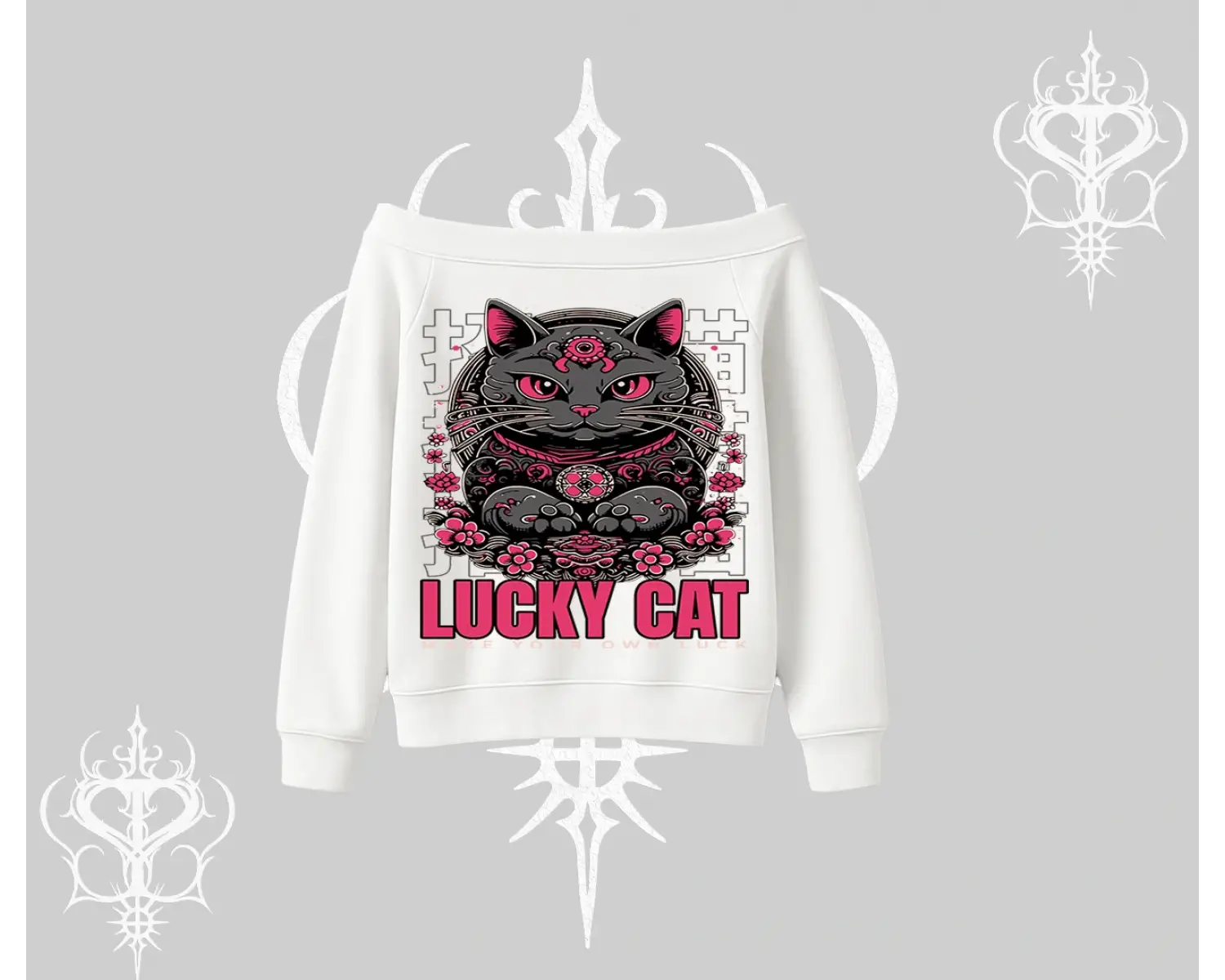 Lucky Cat Japon Tarzı Kedi Baskılı Kayık Yaka Sweatshirt