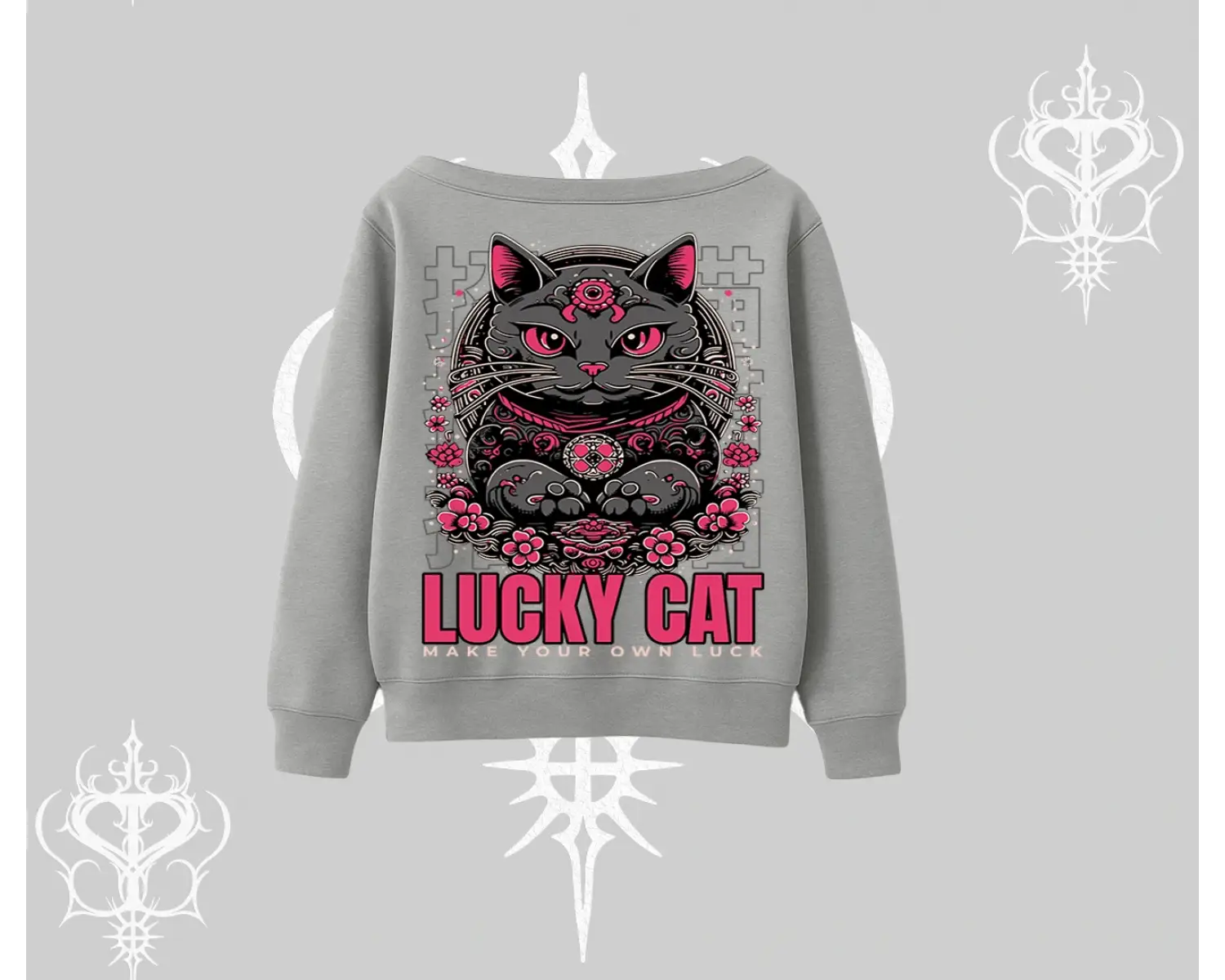 Lucky Cat Japon Tarzı Kedi Baskılı Kayık Yaka Sweatshirt