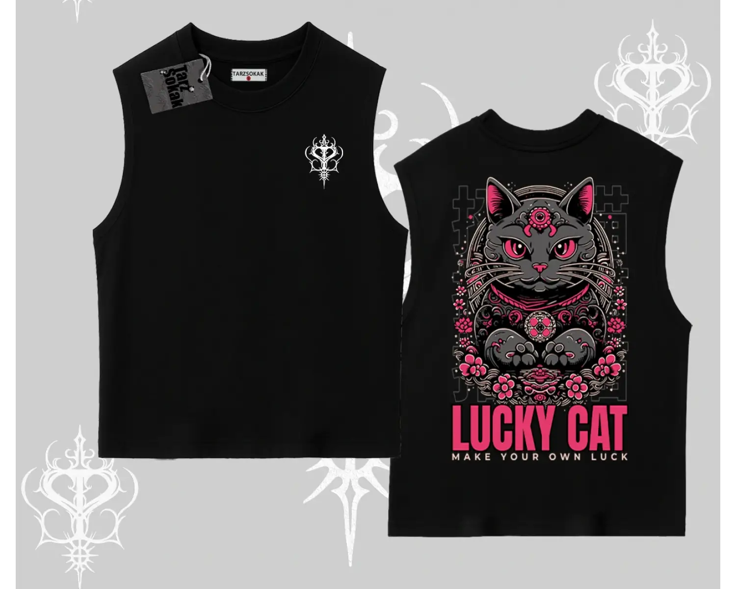 Lucky Cat Japon Tarzı Kedi Baskılı Kolsuz Tshirt